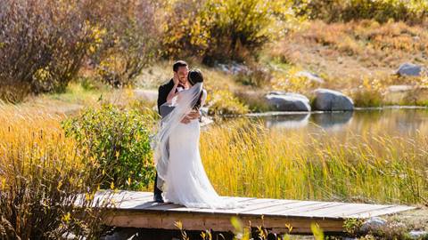 Bride and Groom First Look Among Fall Foliage