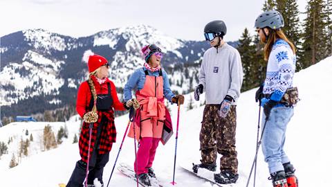 Friends chatting on a spring day at Solitude Mountain Resort